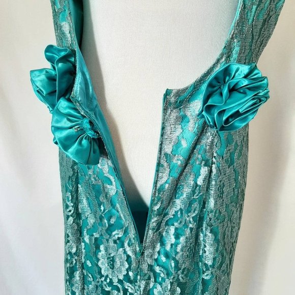 80s Handmade Teal Green Vtg Prom Lace Overlay Dress and Mermaid Hem - Picture 7 of 10